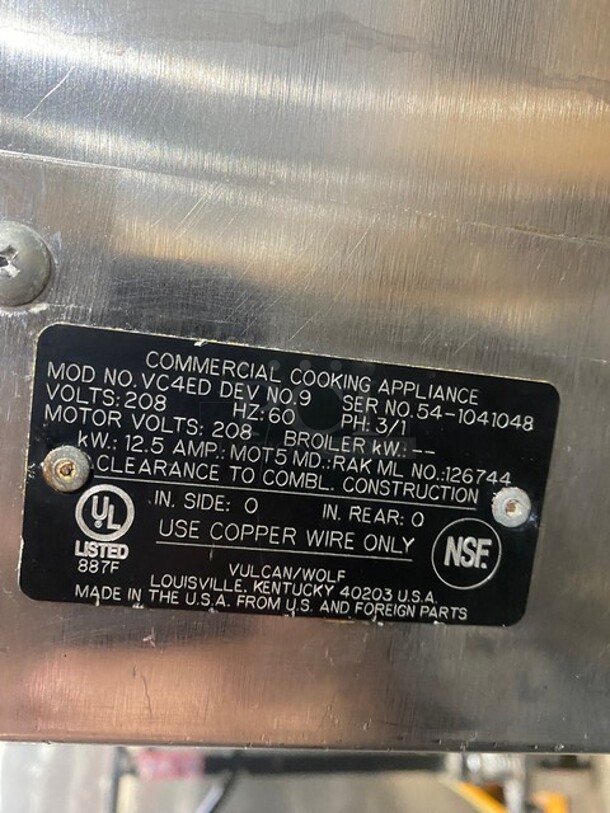 2 Vulcan VC4ED Stainless Steel Commercial Electric Powered Full Size Convection Ovens w/ View Through Doors! Metal Oven Racks and Thermostatic Controls! MODEL VC4ED SN:541041048 3/1 PH  208 Volts 2X Your Bid! Makes One Unit!  - Image 7 of 11