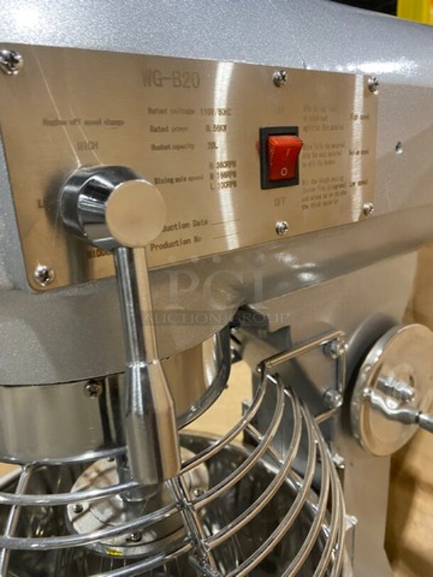 AWESOME! BRAND NEW! IN THE CRATE! Commercial Spiral Mixer! With Whisk, Paddle And Spiral Hook Attachment! With Mixing Bowl And Bowl Guard! Stainless Steel! Model: WGB20 110V - Image 7 of 11