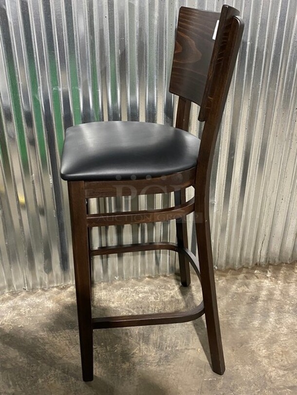 NICE! BRAND NEW!  Square Back Walnut Solid Wood Restaurant Bar Stool With Black Vinyl Seat! 2x Your Bid! - Image 4 of 7