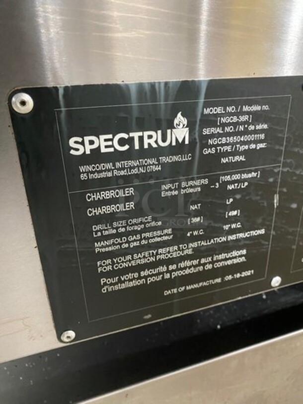 LATE MODEL! 2021 Spectrum Commercial Countertop Natural Gas Powered Char Broiler Grill! With Back And Side Splashes! On Small Legs! On Equipment Stand! With Storage Space Underneath! All Stainless Steel! On Legs! Model: NGCB36R SN: NGCB365040001116 - Image 9 of 10