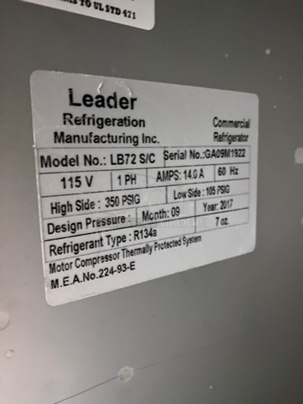 Leader Commercial 3 Door Under The Counter/ Work Top Cooler! With Poly Coated Racks! All Stainless Steel! On Casters! Model: LB72S/C SN: GA09M1922 115V 60HZ 1 Phase - Image 7 of 8