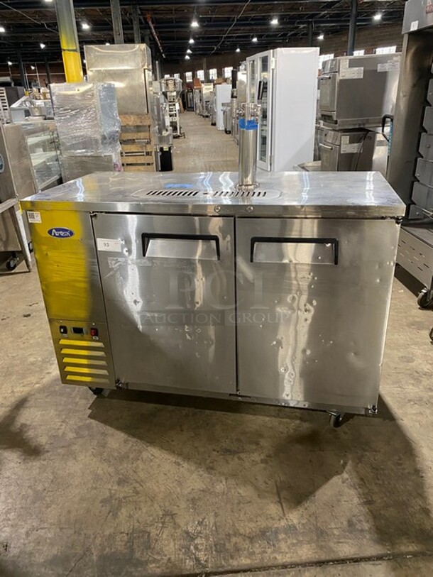 Atosa Commercial Single Tower Kegerator Cooler! With 2 Beer Taps! With 2 Door Underneath Storage Space! All Stainless Steel! 115V 1Phase! Model MKC58 Serial MKC58AUS100318091600C40018! - Image 1 of 11