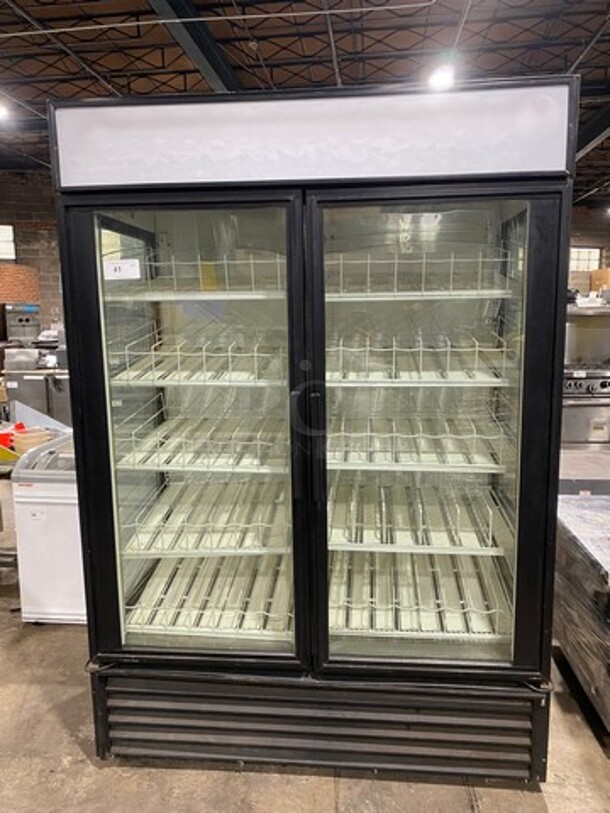 NICE! True Commercial 2 Door Reach In Cooler Merchandiser! With View Through Doors And Sides! With Poly Beverage Racks! Model: GEM49 SN: 14438952 115V 60HZ 1 Phase