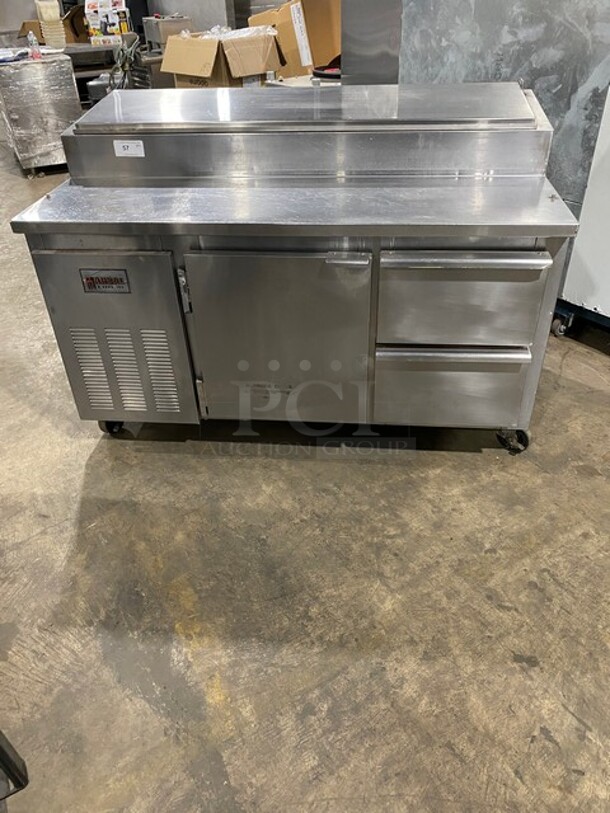 2010 Marsal Commercial Refrigerated Pizza Prep Table! With Single Door Storage Space! With 2 Drawers Underneath! All Stainless Steel! On Casters! Model: BM64 SN: 1319 115V 60Hz 1 Phase