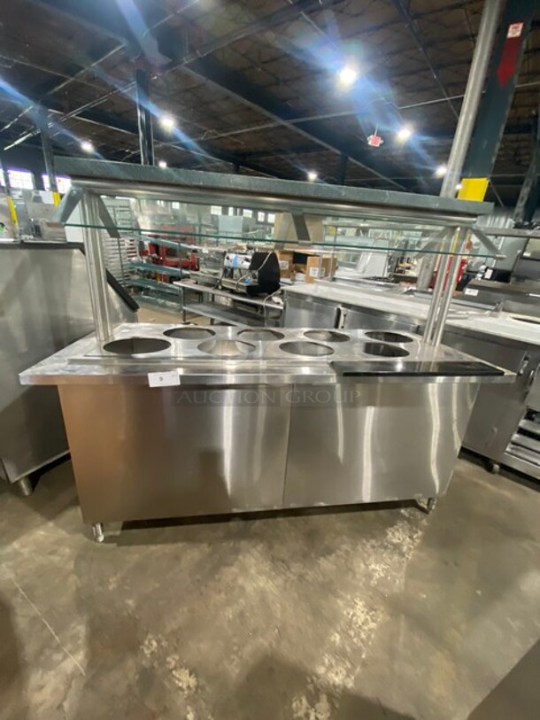 Commercial Heated Food/ Soup Serving Steam Table Station! With Round Pan Adapter! With Sneeze Guard! With Storage Space Underneath! All Stainless Steel! On Legs! WORKING WHEN REMOVED!