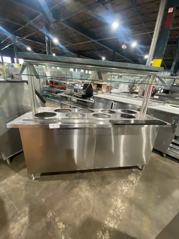 Commercial Heated Food/ Soup Serving Steam Table Station! With Round Pan Adapter! With Sneeze Guard! With Storage Space Underneath! All Stainless Steel! On Legs! WORKING WHEN REMOVED! - Image 1 of 8