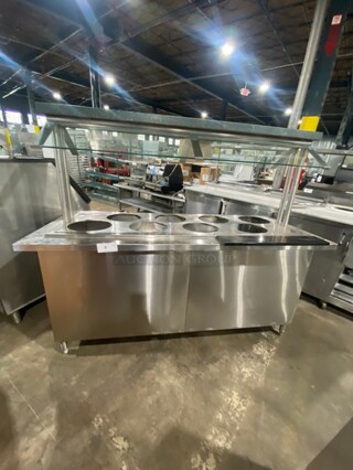 Commercial Heated Food/ Soup Serving Steam Table Station! With Round Pan Adapter! With Sneeze Guard! With Storage Space Underneath! All Stainless Steel! On Legs! WORKING WHEN REMOVED!