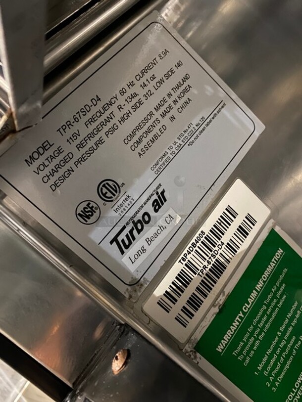 Turbo Air Commercial Refrigerated Pizza Prep Table! With 4 Drawer Storage Space Underneath! All Stainless Steel! On Casters! Model: TPR67SDD4 SN: T6P4DB4008 115V - Image 7 of 10