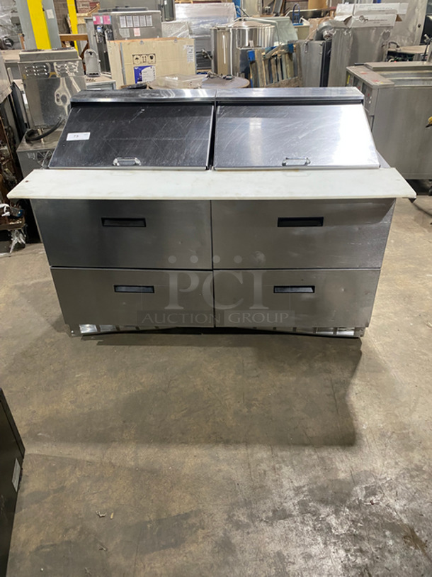Delfield Manitowoc Commercial Refrigerated Sandwich Prep Table! With Commercial Cutting Board! With 4 Drawer Storage Space Underneath! All Stainless Steel! Model: D4460N24MSB SN: 1411152003103 115V 60HZ 1 Phase