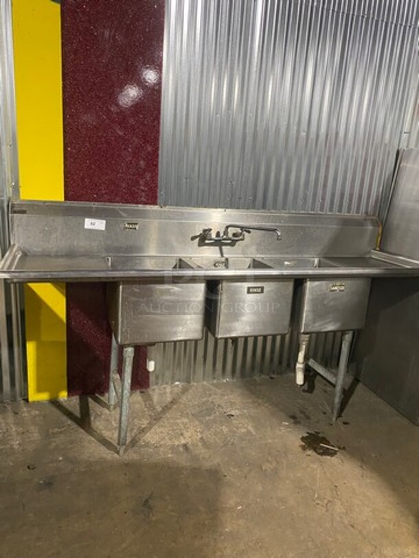 WOW ! SSP All Stainless Steel HEAVY GAGE Commercial 3 Compartment Dish Washing Sink! With Dual Side Drain Board! With Faucet And Handles! With Back Splash! All Stainless Steel! On Legs!