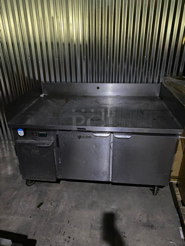 Custom Cool Commercial Refrigerated Work/Prep Table/ Grill Stand! With Back And Side Splash! With Refrigerated 2 Door Underneath Storage! All Stainless Steel! On Casters!