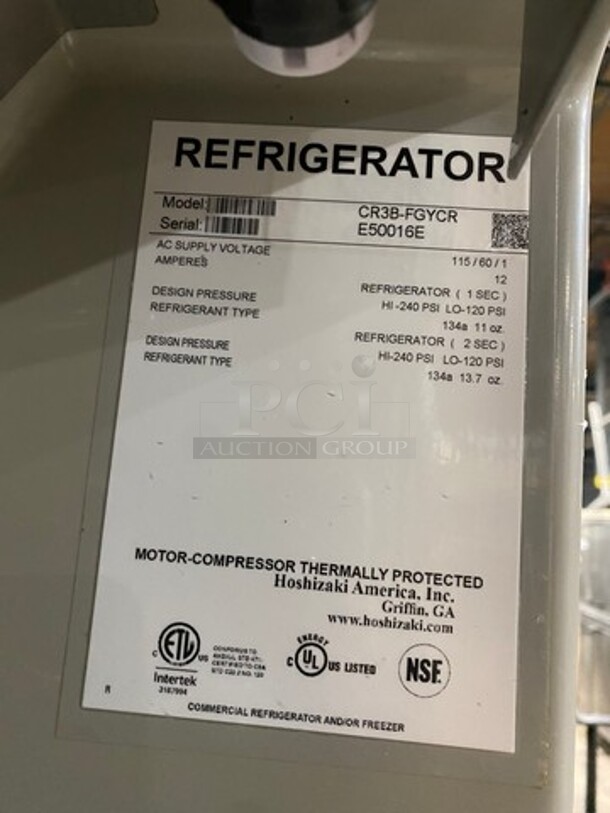 COOL! Hoshizaki Commercial 3 Door Reach In Cooler Merchandiser! With View Through Doors! Poly Coated Racks! All Stainless Steel Body! Model: CR3BFGYCR SN: E50016E 115V 60HZ 1 Phase - Image 9 of 9
