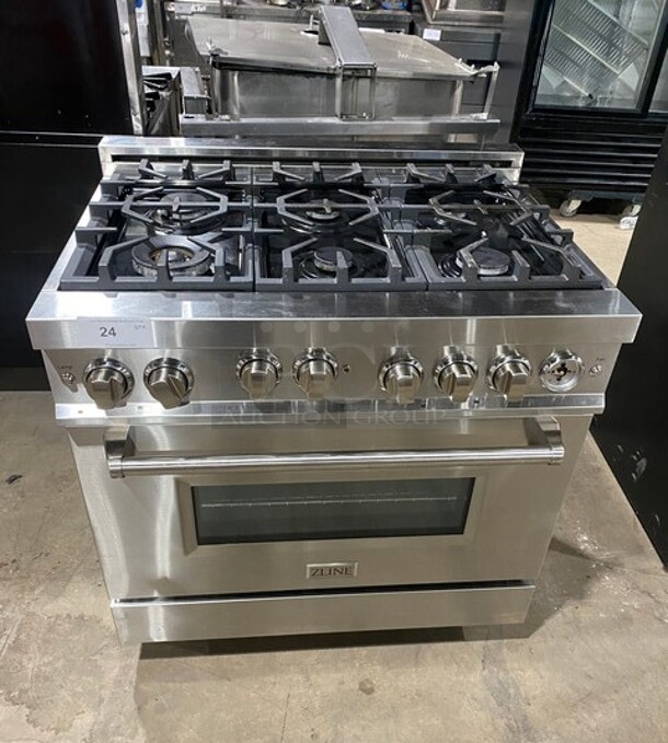 Zline Commercial Gas Powered 6 Burner Stove! With Oven Underneath! Stainless Steel! MODEL RG36 SN: RG36GE2112049103 120V  - Image 1 of 11