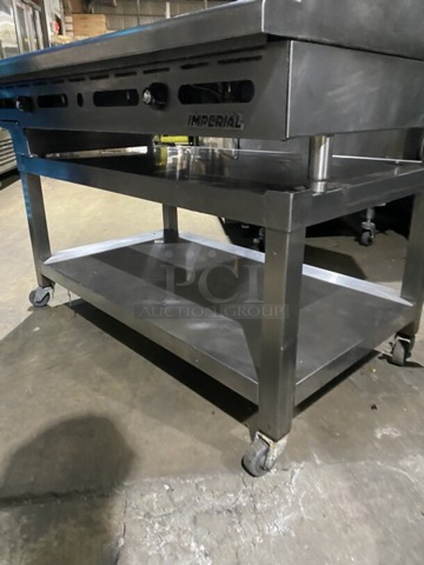 Great! Imperial Natural Gas Powered 48 Inch Thermostatic Control Grooved Top Grill! Model IGG48! Grooved Grill Gives An Attractive Char Broiler Look! On Stainless Steel Grill Stand On Casters!  - Image 9 of 10
