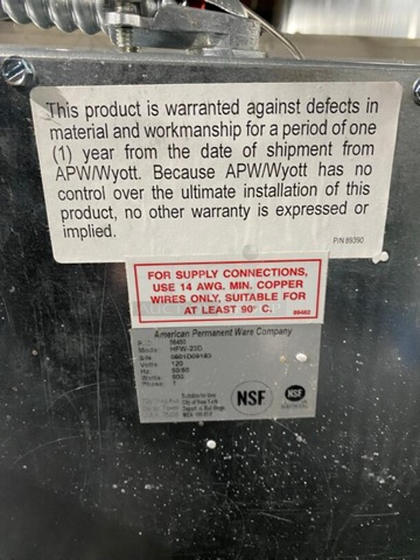 APW Wyott Commercial Drop IN Single Well Food Warmer! Solid Stainless Steel! Model: HFW23D SN: 0801D09183 120V 60HZ 1 Phase - Image 8 of 9