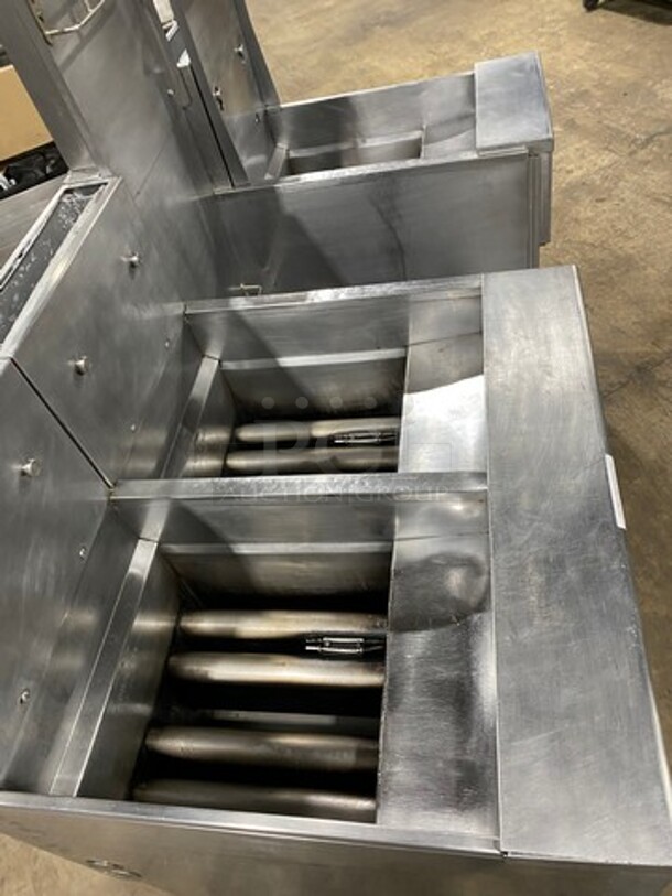 FAB! Pitco Frialator Commercial Natural Gas Powered 3 Bay Deep Fat Fryer! With Middle Fryer Basket Rack! With Oil Filter System! All Stainless Steel! On Casters! Model: SGH50 SN: G09DC011392 - Image 5 of 11