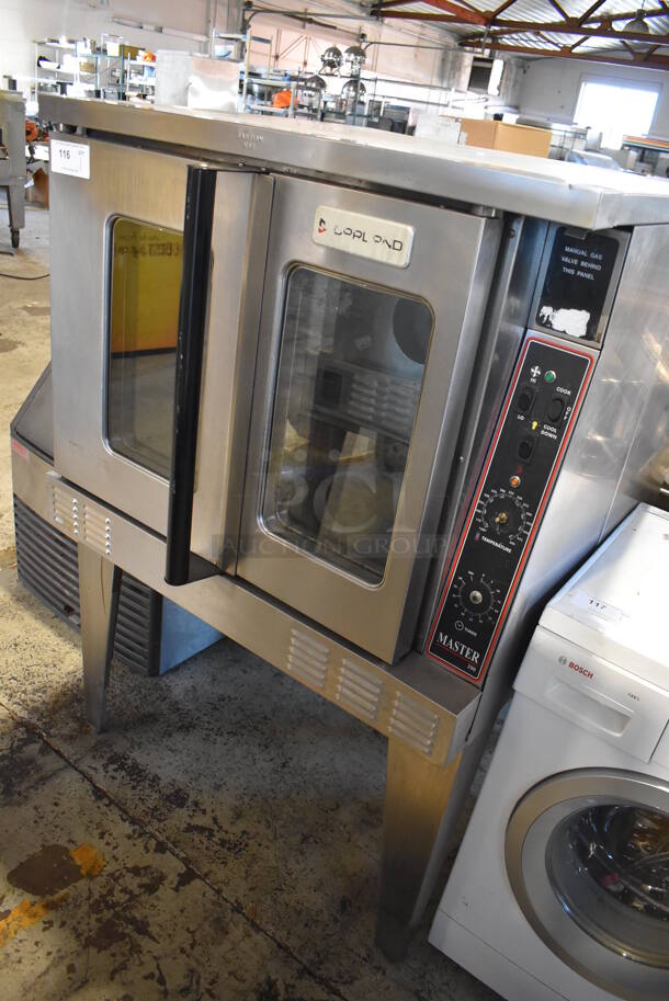 LATE MODEL! Garland Master 200 Stainless Steel Commercial Natural Gas Powered Full Size Convection Oven w/ View Through Doors, Gas Hose and Thermostatic Controls on Metal Legs. 38x44x59.5