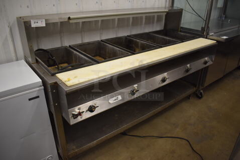 Vollrath ServeWell 38119 Stainless Steel Commercial Electric Powered 5 Bay Steam Table w/ Cutting Board and Under Shelf. 208-240 Volts. 76x32x47