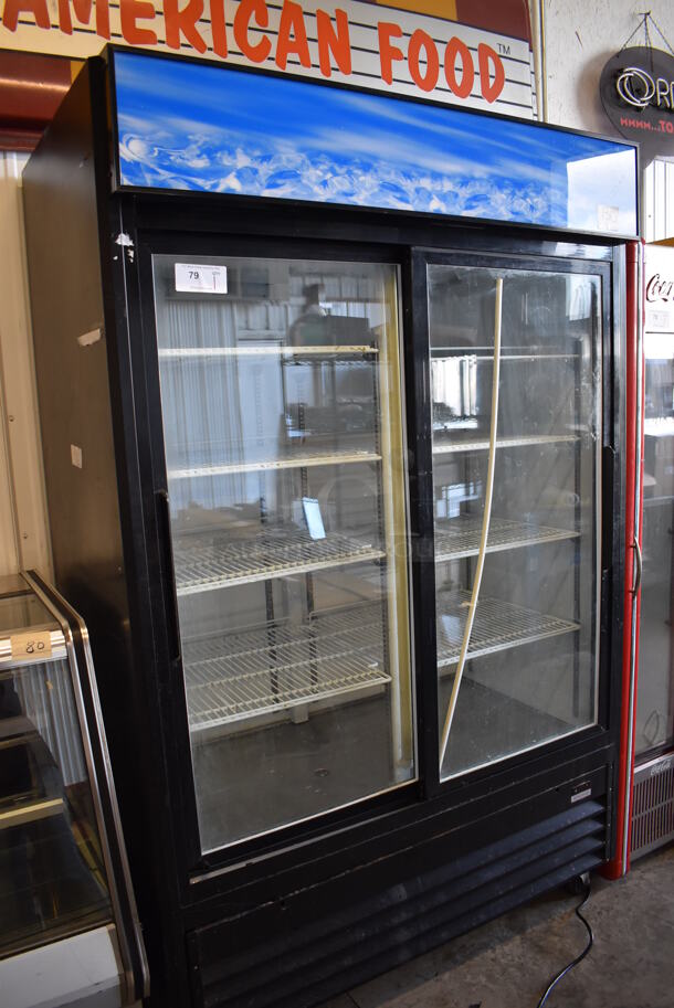 Chef AAA G1.2YBM2F Metal Commercial 2 Door Reach In Cooler Merchandiser w/ Poly Coated Racks on Commercial Casters. 115 Volts, 1 Phase. 52x30x83. Tested and Working! - Image 1 of 5