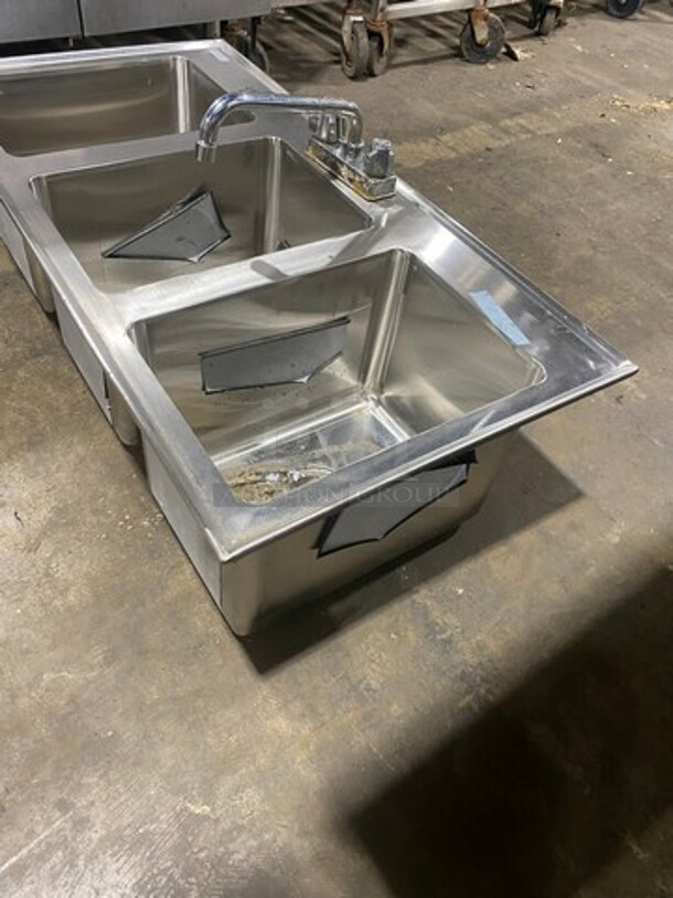 Commercial 3 Compartment Dish Washing Drop In Sink! With Faucet And Handles! All Stainless Steel! - Image 2 of 8