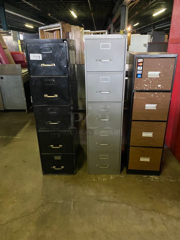 Various Filing Cabinets! 1 Solid Grey, 1 Solid Black, 1 Black Body With Wooden Pattern Cabinets! 3x Your Bid!