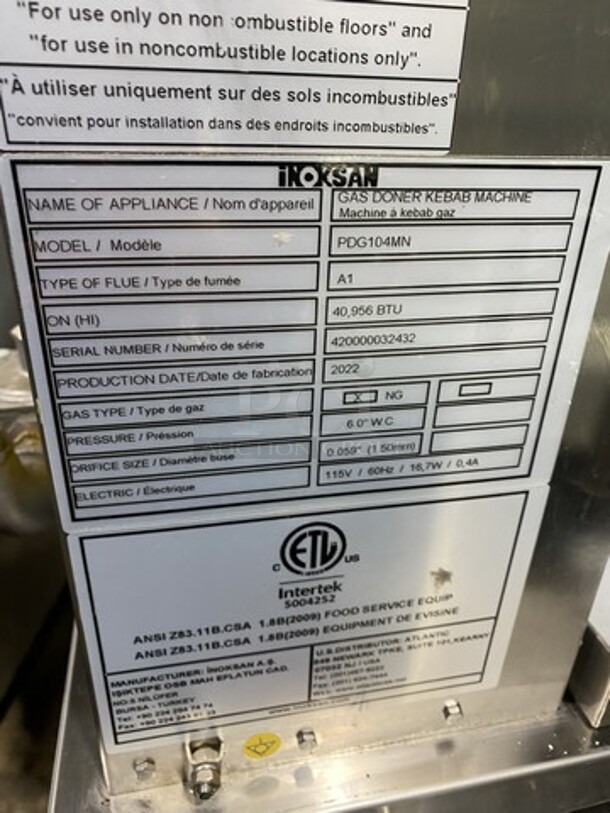 NEW NEVER USED! LATE MODEL 2022 INOKSAN Natural Gas Powered 4 Burner Gyro Doner Kebab Machine! Model PDG104MN Serial 420000032432!  - Image 7 of 10