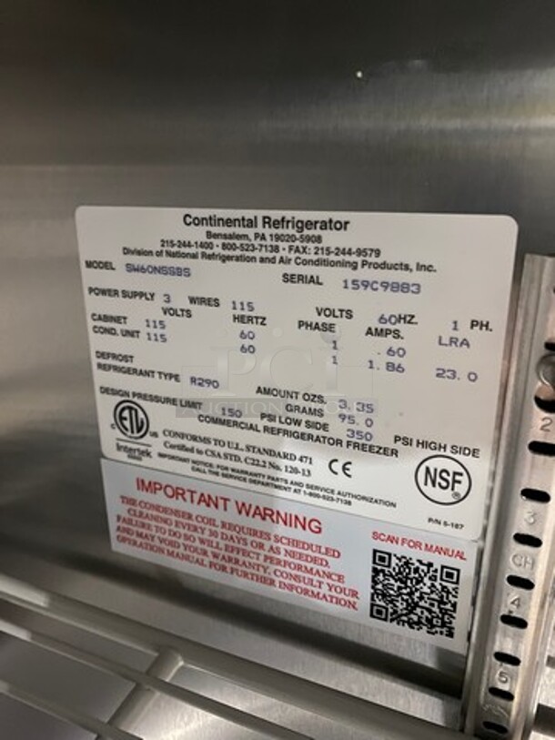 WOW! NEW! OUT OF THE BOX! Continental Commercial 2 Door Lowboy/Worktop Cooler! With Back Splash! All Stainless Steel! Model: SW60NSSBS SN: 159C9883 115V 60HZ 1 Phase - Image 8 of 11
