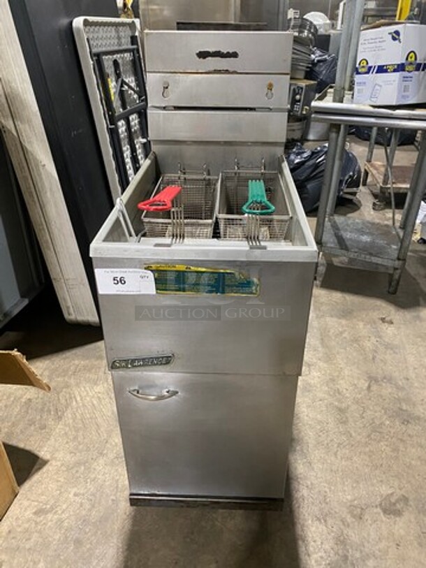 Pitco Sir Lawrence Commercial Natural Gas Powered Deep Fat Fryer! With Metal Frying Baskets! With Backsplash! All Stainless Steel! On Legs! WORKING WHEN REMOVED!