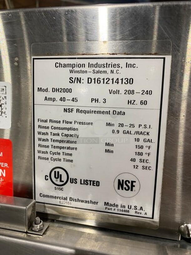 Champion Commercial Pass-Through Dishwasher Machine! All Stainless Steel! On Legs! Model: DH2000 SN: D161214130 208/240V 60HZ 3 Phase - Image 7 of 8
