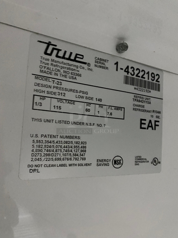 True Commercial Single Door Reach In Refrigerator! With Poly Coated Racks! Solid Stainless Steel! On Casters! Model: T23 SN: 14322192 115V 60HZ 1 Phase - Image 7 of 9