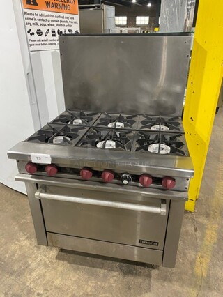 Nice! 2016 Therma Tek Natural Gas Powered 6 Burner Range! With Full Size Oven Underneath! With Raised Back Splash! All Stainless Steel! On Legs! Working When Removed!