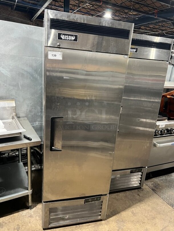 2019 Bison Commercial Single Door Reach In Cooler! Poly Coated Racks! All Stainless Steel! With Casters! Working When Removed! MODEL BRR21 SN:BRR2100319061900K80014 115V 1PH