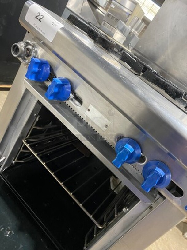 Montague Commercial Natural Gas Powered 4 Burner Stove! With Raised Back Splash And Salamander Shelf! With Oven Underneath! All Stainless Steel! On Legs! - Image 8 of 10
