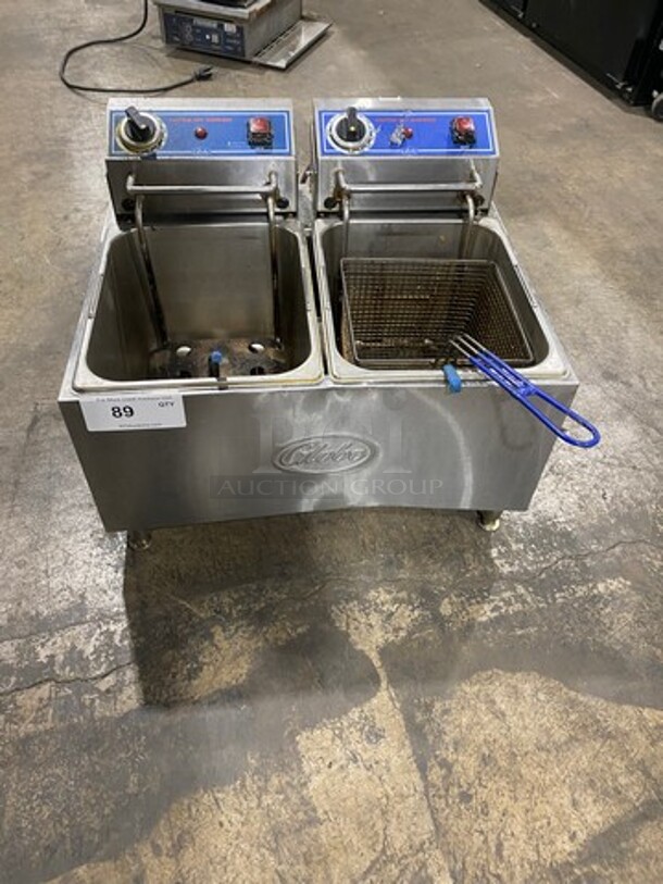 Globe Countertop Electric Powered 2 Bay Deep Fat Fryer! With Frying Basket! With Backsplash! All Stainless Steel! On Legs! Model: PF32E 208/240V