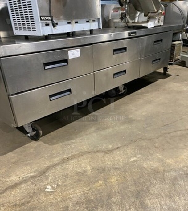 Delfield Commercial Refrigerated Chef Base! With Raised Back And Side Splashes! With 6 Drawer Storage Space! All Stainless Steel! On Casters!