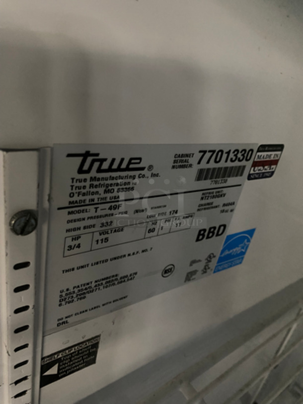 COOL! True Commercial 2 Door Reach In Freezer! With Poly Coated Racks! All Stainless Steel! On Casters! Model: T49F SN: 7701330 115V 60HZ 1 Phase - Image 8 of 10
