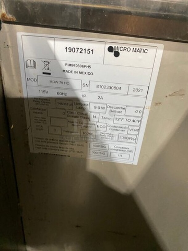 LATE MODEL! 2021 Micro Matic Commercial Bar Back Beer Bottle Cooler! With 3 Sliding Stainless Steel Top Doors! Model: MDW79HC SN: 8102330804 115V 60HZ 1 Phase - Image 7 of 8