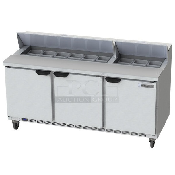 Beverage-Air SPE72HC-18 Elite Series 72" 3 Door Refrigerated Sandwich Prep Table, 115v, 9.6Amp, 1ph, 60hz. In Proper Working Condition. Appears the unit may have been used once or twice.  - Image 1 of 10