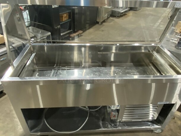 Duke Commercial Refrigerated Food Serving Station Counter/ Cold Pan! With Sneeze Guard! With Lowering Prep Line! All Stainless Steel! On Casters! MEASUREMENTS INCLUDE PREPLINE! - Image 2 of 6