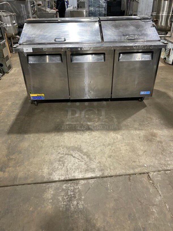 Turbo Air Commercial Refrigerated Sandwich Prep Table! With 3 Door Storage Space Underneath! Poly Coated Racks! All Stainless Steel! On Casters! Model: MST7230 SN: MM7T808001 115V 60HZ 1 Phase