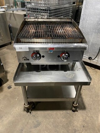 Star Max Commercial Countertop Natural Gas Powered Char Broiler Grill! With Lava Rocks! With Back And Side Splashes! All Stainless Steel! On Legs! With Solid Stainless Steel Equipment Stand! With Storage Space Underneath! On Casters!