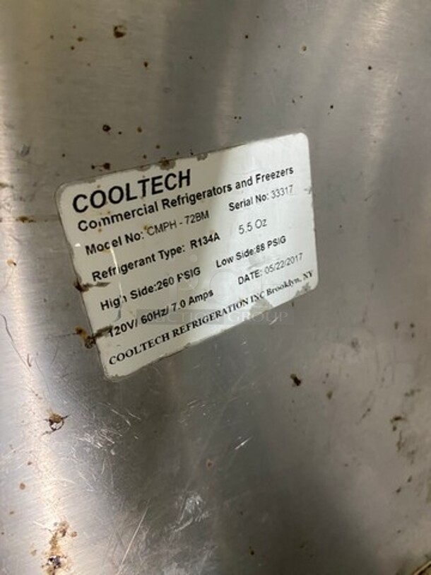 2017 Cool Tech Commercial Refrigerated Sandwich Prep Table! With Commercial Cutting Board! With 3 Door Underneath Storage Space! All Stainless Steel! On Casters! Model: CMPH72BM SN: 33317 120V - Image 8 of 9