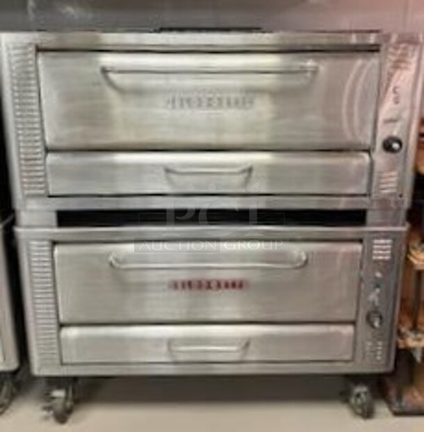 2 2017 Blodgett 1048B Stainless Steel Commercial Natural Gas Powered Single Deck Pizza Ovens w/ Cooking Stones on Commercial Casters. 2 Times Your Bid!
