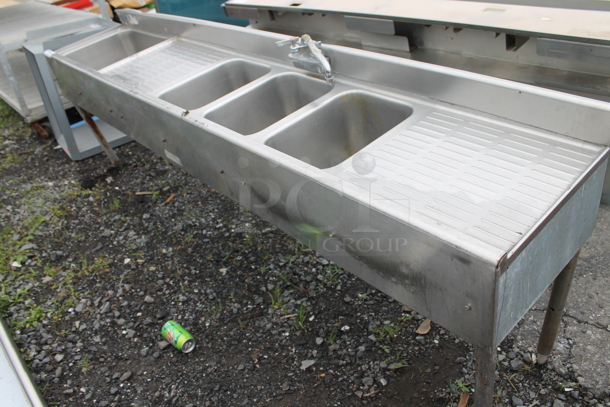 Stainless Steel Commercial 3 Bay Back Bar Sink w/ Ice Bin, 2 Drain Boards, Faucet and Handles. Bays 10x14x9.5. Drain Boards 18.5x16 - Image 1 of 6