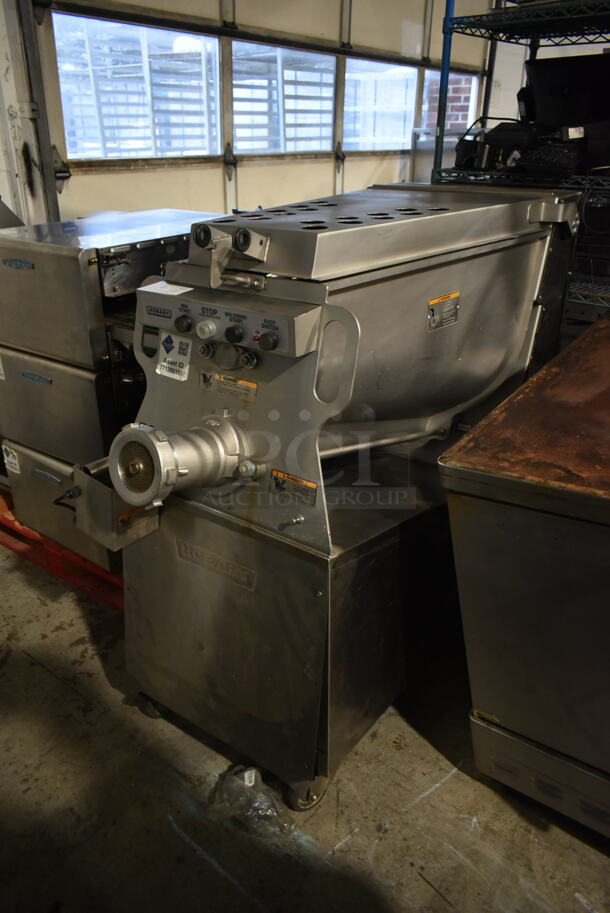 2013 Hobart MG2032 Metal Commercial Floor Style Electric Powered Meat Grinder on Commercial Casters. 208 Volts, 3 Phase. 