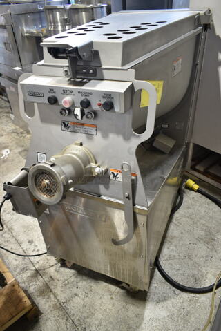2019 Hobart MG2032 Metal Commercial Floor Style Electric Powered Meat Mixer Grinder w/ Foot Pedal on Commercial Casters. 208 Volts, 3 Phase. Tested and Working!