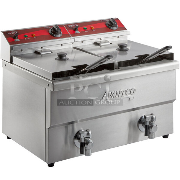 BRAND NEW SCRATCH AND DENT! 2023 Avantco 177F202 Stainless Steel Commercial Countertop Electric Powered 2 Bay Fryer w/ Lids and Metal Fry Baskets. 208-240 Volts, 1 Phase. Tested and Working! - Image 1 of 6