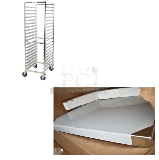 2 BRAND NEW SCRATCH AND DENT! Items; Regency 600PR20316K  20 Pan End Load Stainless Steel Bun / Sheet Pan Rack - Unassembled and Regency Tabletop. 2 Times Your Bid! May Be Missing Pieces.  - Image 1 of 5