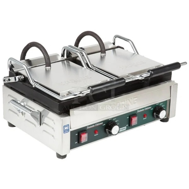 BRAND NEW SCRATCH AND DENT! 2023 Waring WFG300 Stainless Steel Commercial Countertop Double Panini Press. 240 Volts, 1 Phase. Tested and Working! - Image 1 of 5