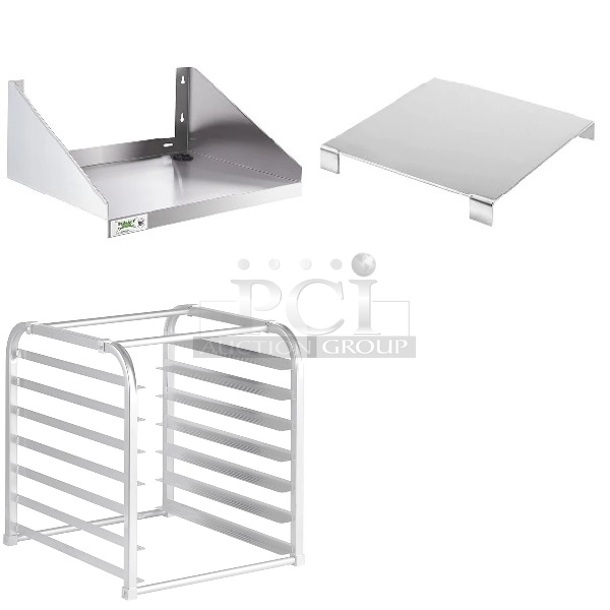 4 BRAND NEW SCRATCH AND DENT! Items Including Regency 600MS1824 24" x 18" Stainless Steel Microwave Shelf, 3805104S Carnival King 8 1/2" x 1" Stainless Steel Funnel Cake Mold Stand for 3805104, Regency 600RIR7KD 7 Pan Aluminum End Load Sheet / Bun Pan Rack for Reach-Ins - Unassembled. 4 Times Your Bid! May Be Missing Pieces.  - Image 1 of 6